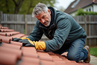 Hommes inspecte un toit rouge en tuiles avec attention
