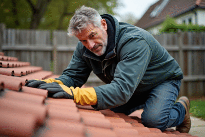 Hommes inspecte un toit rouge en tuiles avec attention