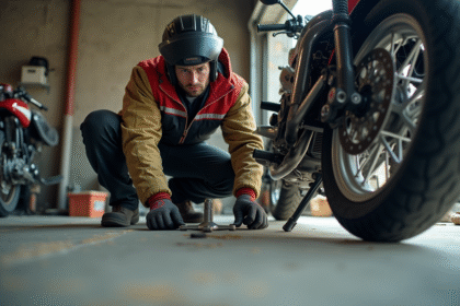 Homme en tenue de travail installe un ancrage moto dans un garage