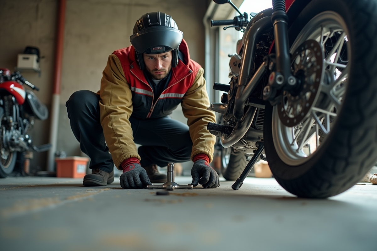 Homme en tenue de travail installe un ancrage moto dans un garage