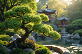 Jardin japonais traditionnel avec arbuste en fleurs et lanternes