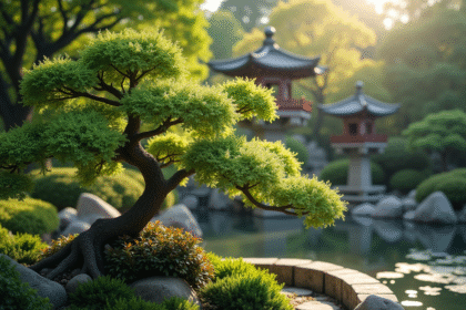 Jardin japonais traditionnel avec arbuste en fleurs et lanternes