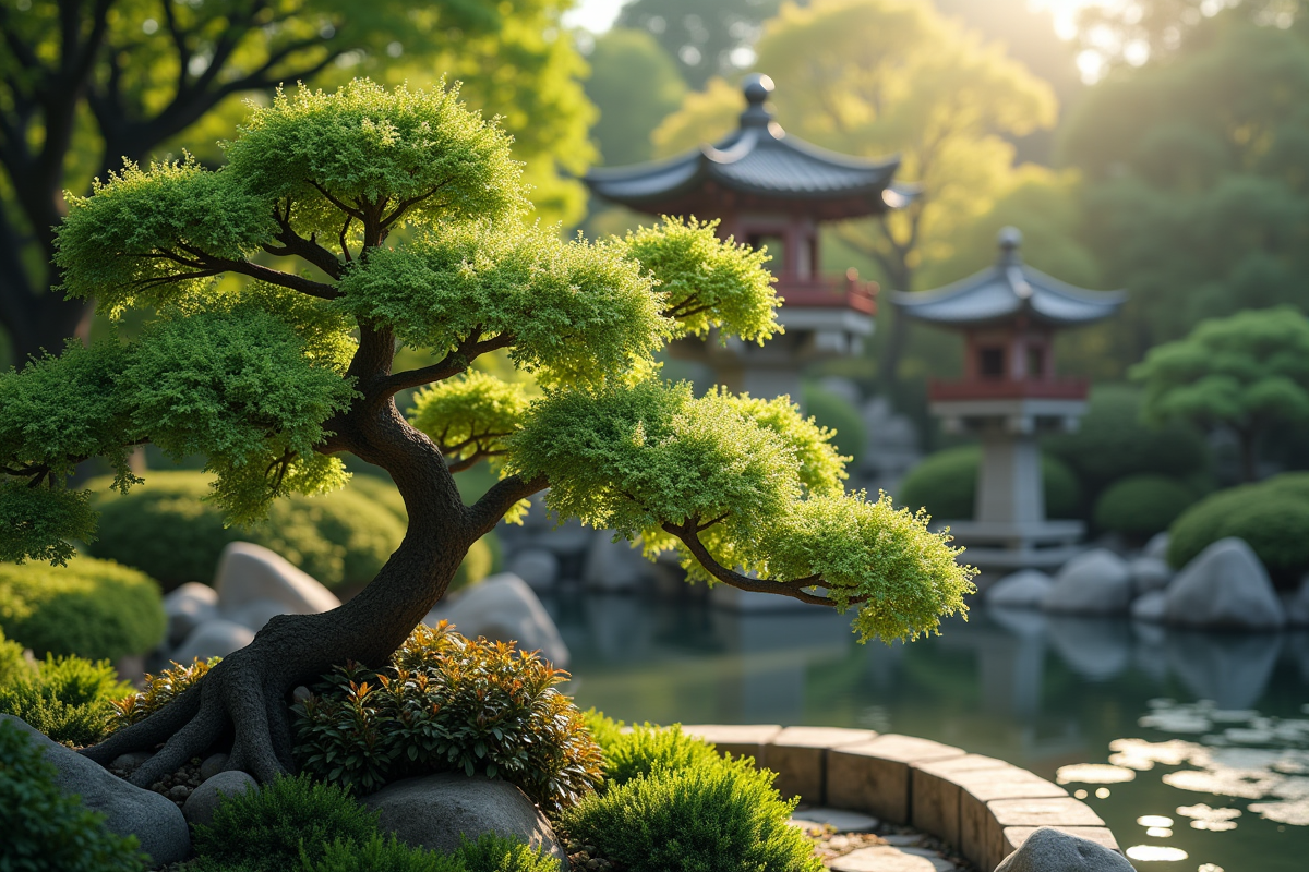 Jardin japonais traditionnel avec arbuste en fleurs et lanternes