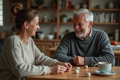 Un couple d'adultes joue à 421 dans une cuisine chaleureuse