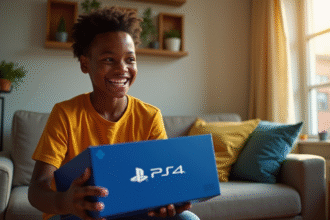 Jeune adulte souriant découvrant une PlayStation 4 dans un salon lumineux