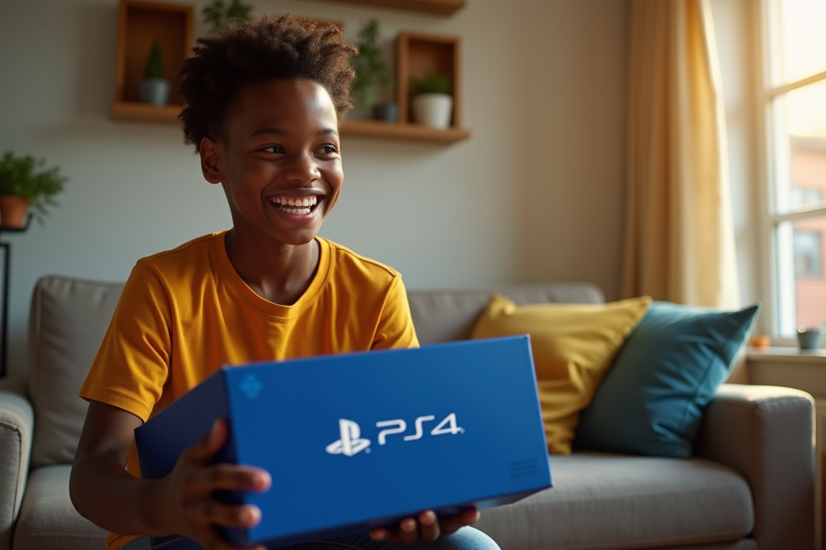 Jeune adulte souriant découvrant une PlayStation 4 dans un salon lumineux