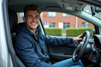 Jeune homme au volant d'une voiture compacte en ville