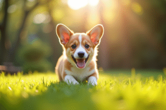 Jeune chiot corgi jouant dans un jardin ensoleille