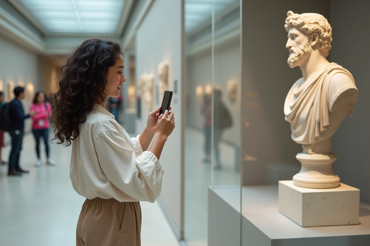 Jeune femme photographiant un buste de marbre d'Apollon dans un musée d'art classique