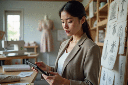 Jeune femme en blazer recyclé avec tablette dans un studio créatif