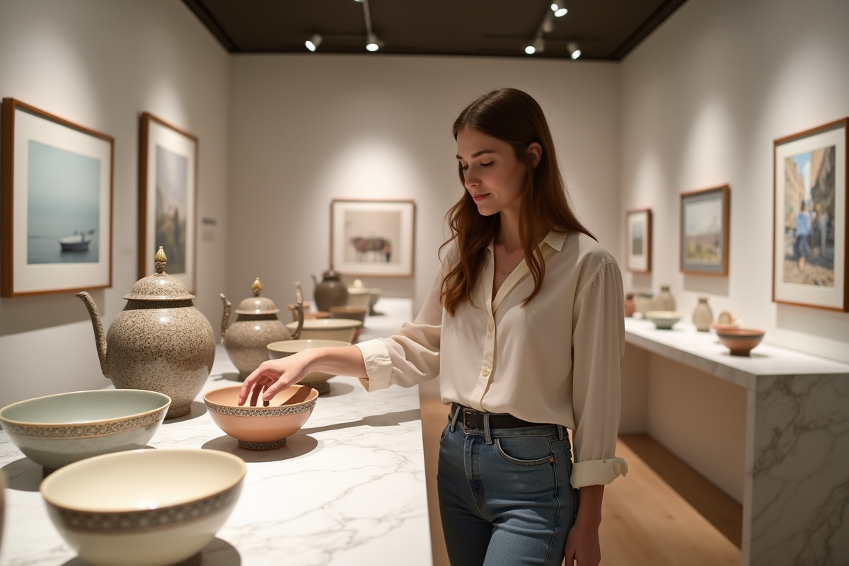 Jeune femme découvrant des pièces en émail dans une galerie d
