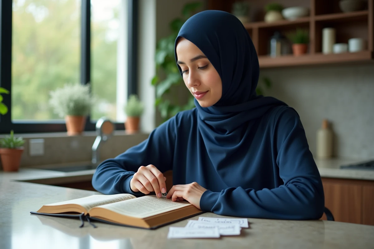 Jeune femme musulmane avec hijab organisant des cartes de surah