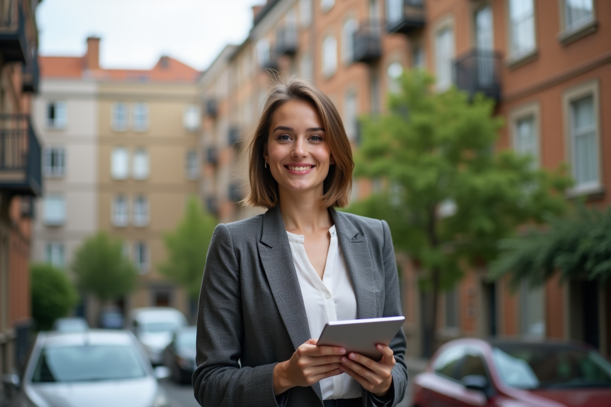 Jeune femme immobilière souriante devant bâtiments résidentiels