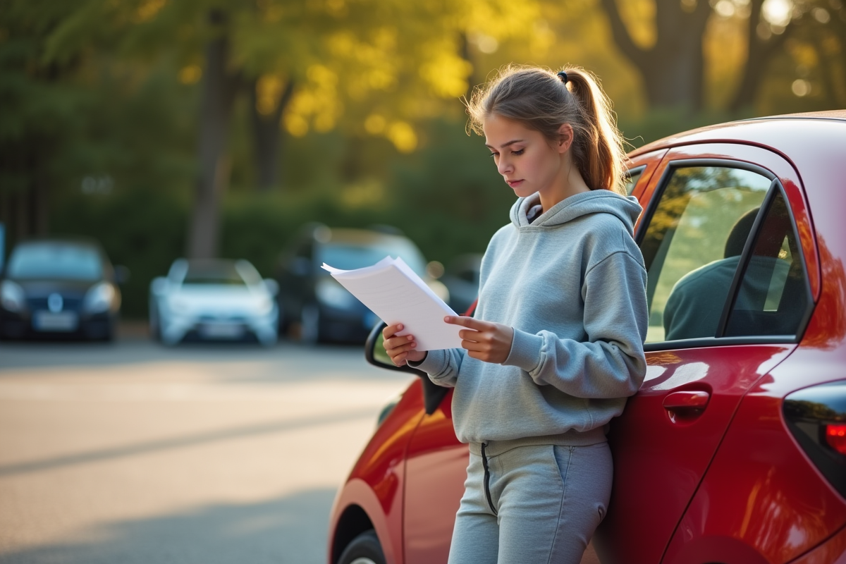 Jeune femme lisant documents près de sa voiture rouge
