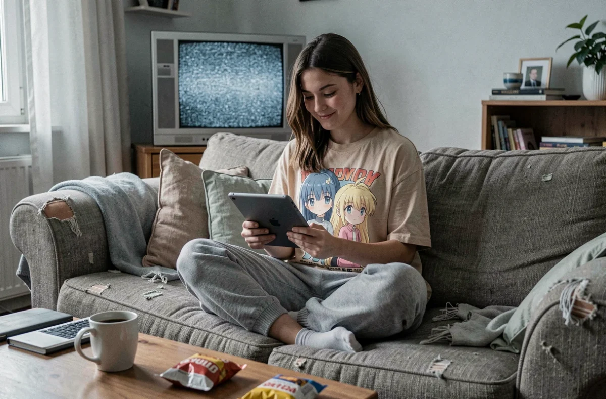 Jeune femme nostalgique retrouvant un drama culte sur une archive de forum via sa tablette dans son salon