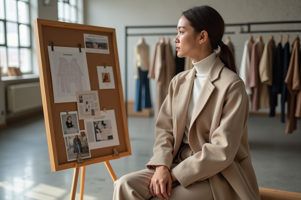 Jeune femme en blazer beige regardant un moodboard mode