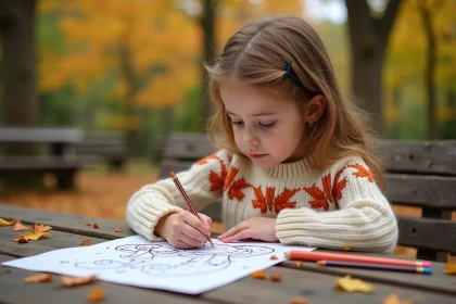 Jeune fille coloriant un champignon en plein air automnal