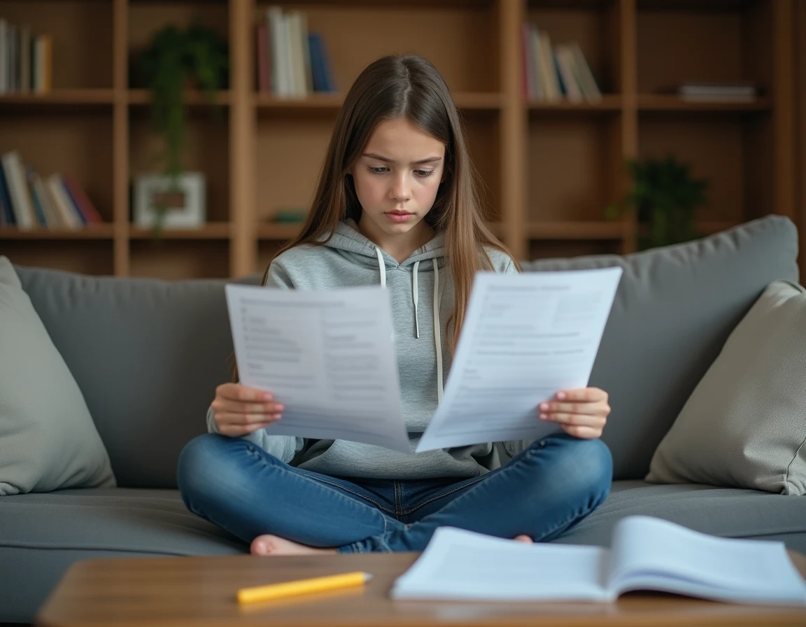 Jeune fille comparant deux listes de lecture imprimées avec une expression de confusion sur un canapé