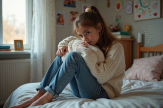 Jeune fille contemplative en chambre avec livre et photos