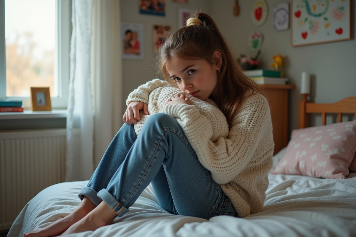Jeune fille contemplative en chambre avec livre et photos