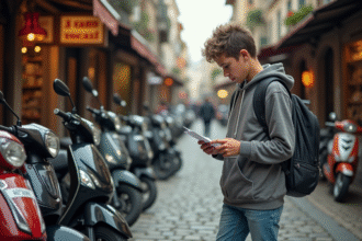 Jeune garçon examine motos 50cc devant un magasin en ville