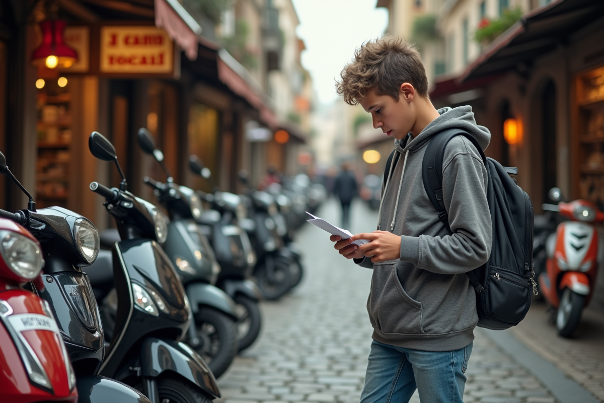 Jeune garçon examine motos 50cc devant un magasin en ville