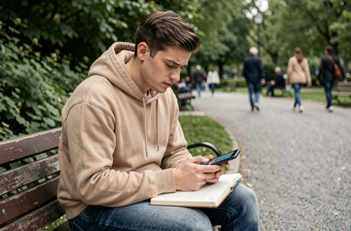 Jeune homme cherchant un numéro de portable en comparant son téléphone et un carnet dans un parc