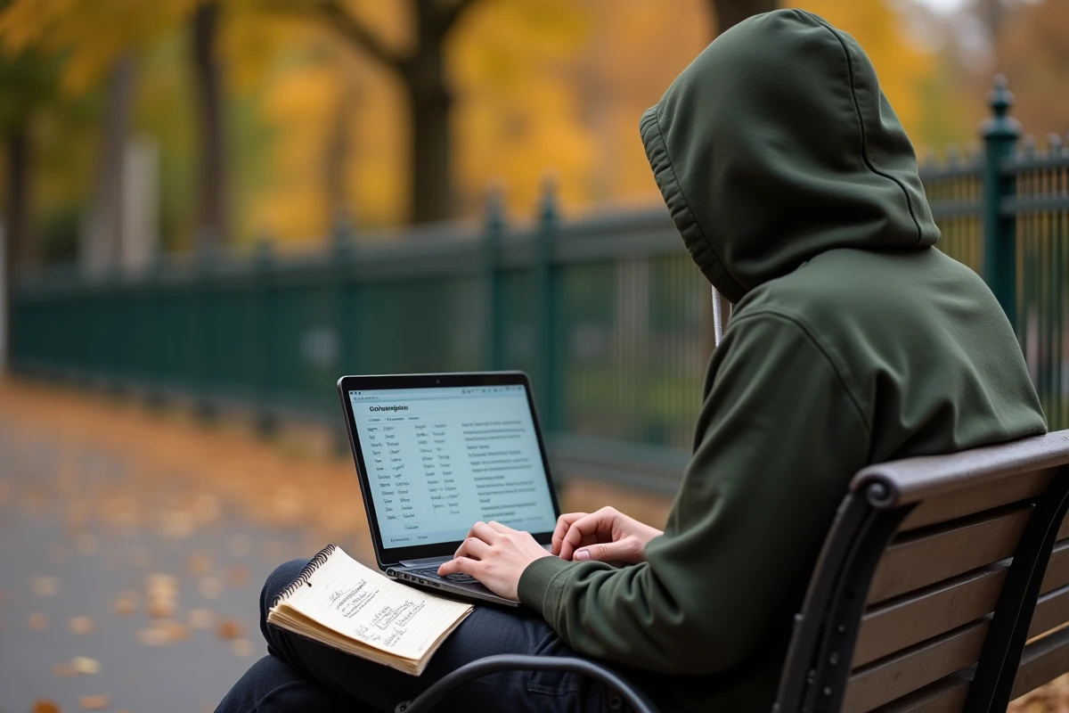 Jeune homme révisant la conjugaison française sur son ordinateur portable dans un parc en automne