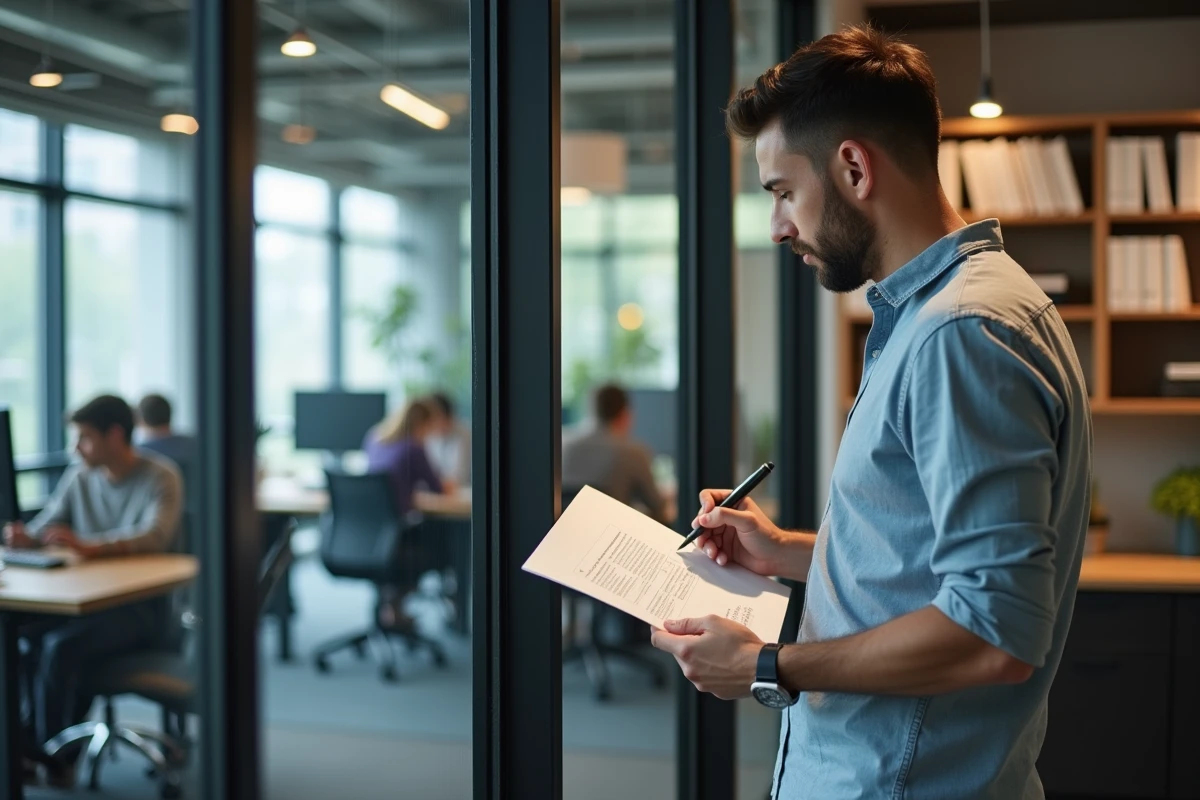 Jeune homme relisant un document dans un espace de coworking moderne