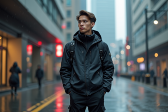 Jeune homme en techwear urbain sur une rue pluvieuse