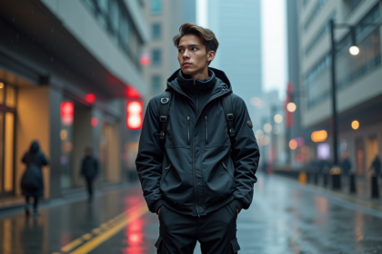 Jeune homme en techwear urbain sur une rue pluvieuse