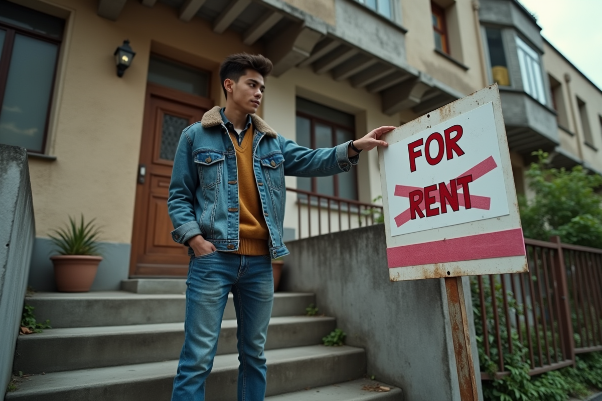 Jeune homme devant un immeuble en rénovation avec panneau croise
