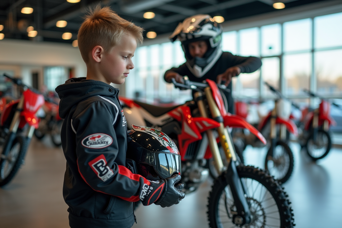 Jeune garçon en équipement motocross examine une moto 125cc en concession