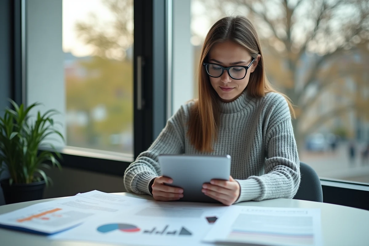 Jeune femme chercheuse lisant sur une tablette près d une fenêtre