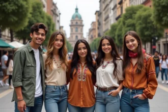 Groupe de jeunes adultes dans une place urbaine colorée