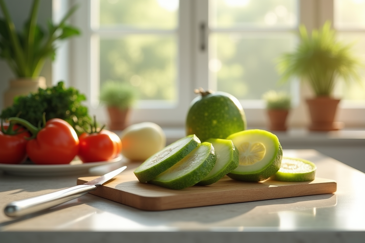 Jicama tranché sur un plan de cuisine lumineux avec légumes en arrière-plan