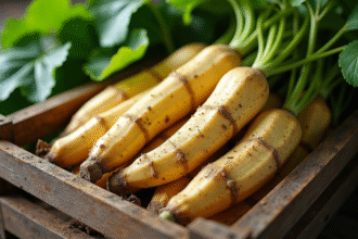 Racines de jicama fraîchement récoltées dans une caisse en bois rustique