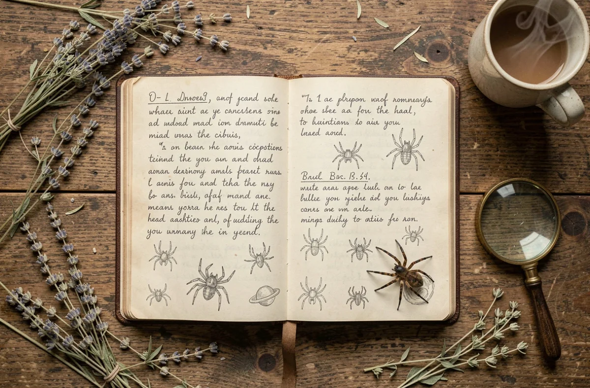 Journal ouvert avec croquis d'araignées et symboles oniriques sur un bureau en bois ancien, évoquant l'interprétation des rêves et présages