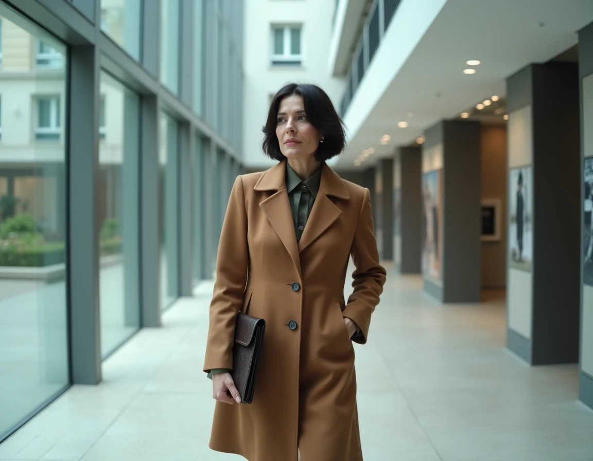 Journaliste femme marchant dans les couloirs d'un bâtiment de radio-télévision publique française, parcours professionnel médias