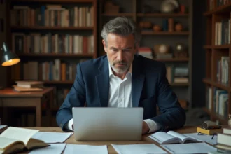 Journaliste homme en blazer bleu travaillant sur un ordinateur dans un bureau