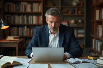 Journaliste homme en blazer bleu travaillant sur un ordinateur dans un bureau
