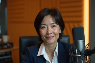 Journaliste femme en studio de radio avec microphone professionnel, évoquant la carrière d'Elsa Vidal à Radio France