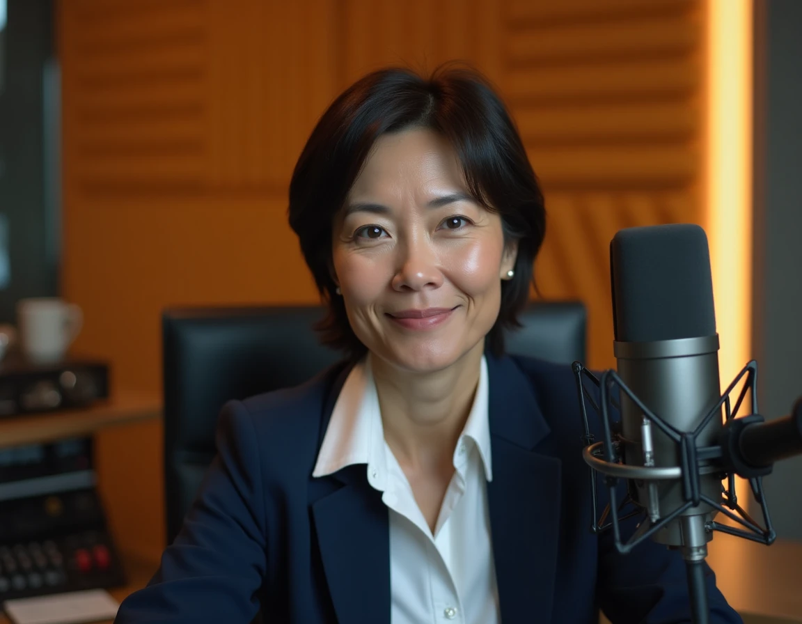 Journaliste femme en studio de radio avec microphone professionnel, évoquant la carrière d'Elsa Vidal à Radio France