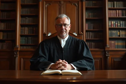 Juge en robe noire tenant le Code Civil français dans un tribunal