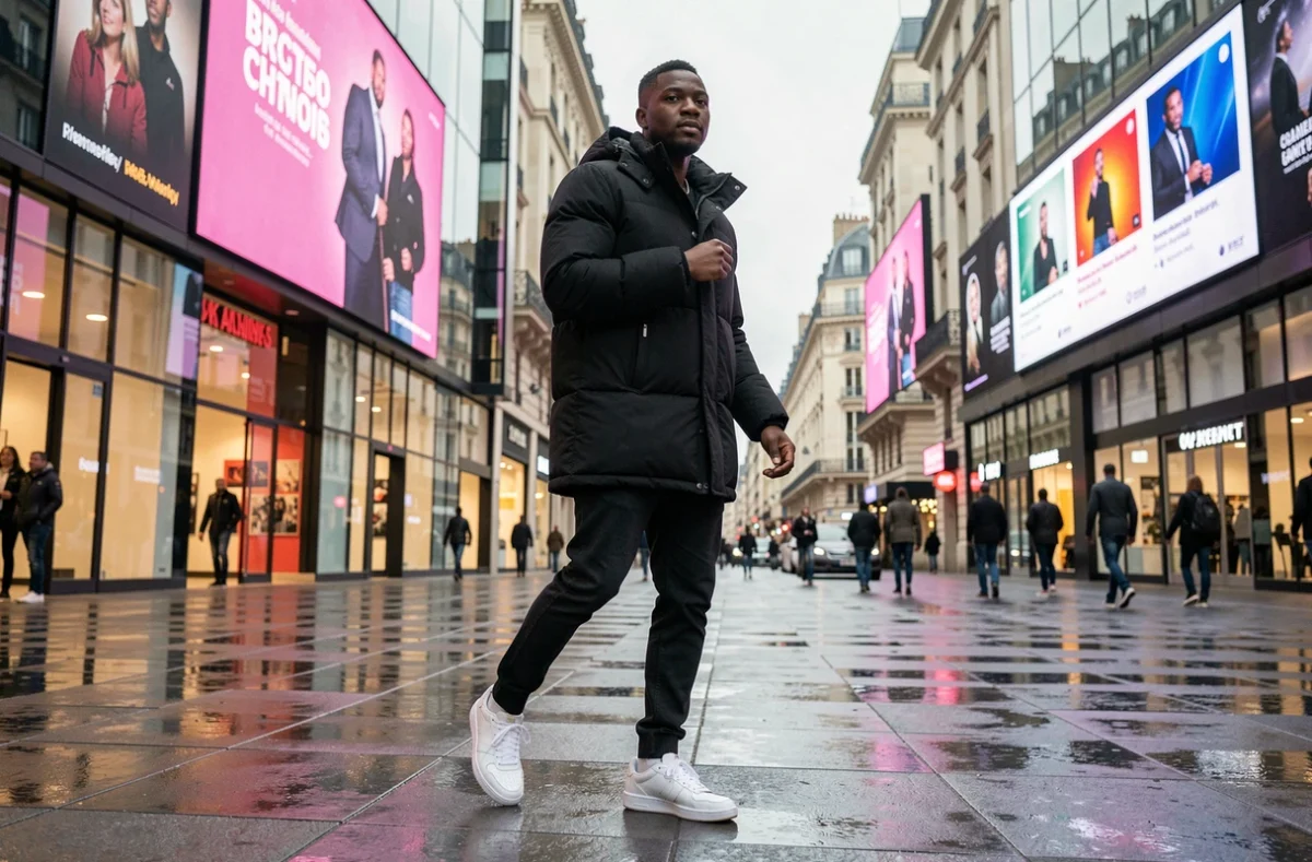 Jules rappeur marchant dans une rue commerciale française entourée de panneaux publicitaires numériques, image candide et atmosphère urbaine contemporaine