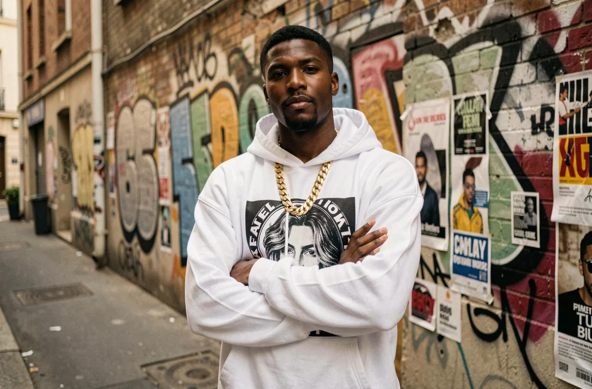Rappeur Jules posant devant un mur de street art urbain à Paris, expression assurée, style vestimentaire oversize et chaîne en or