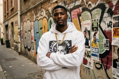 Rappeur Jules posant devant un mur de street art urbain à Paris, expression assurée, style vestimentaire oversize et chaîne en or