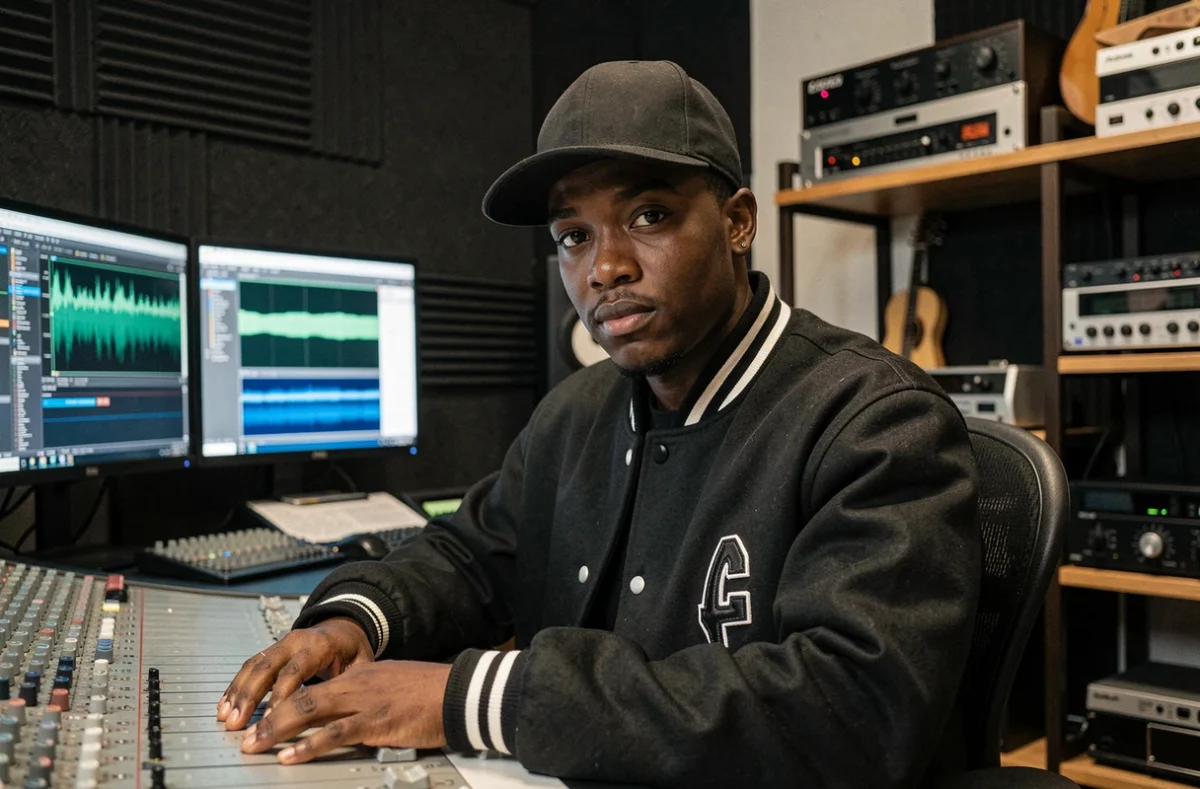 Jules rappeur assis derrière une console de mixage en studio d'enregistrement, ambiance professionnelle et regard intense face caméra