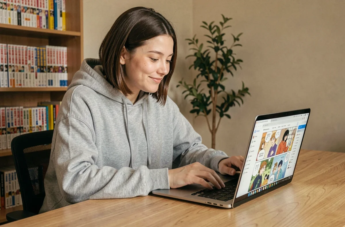 Jeune femme lisant des webtoons sur son ordinateur portable depuis un bureau en bois confortable avec des étagères de manga en arrière-plan