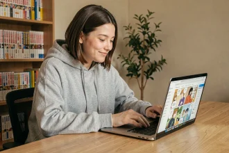 Jeune femme lisant des webtoons sur son ordinateur portable depuis un bureau en bois confortable avec des étagères de manga en arrière-plan